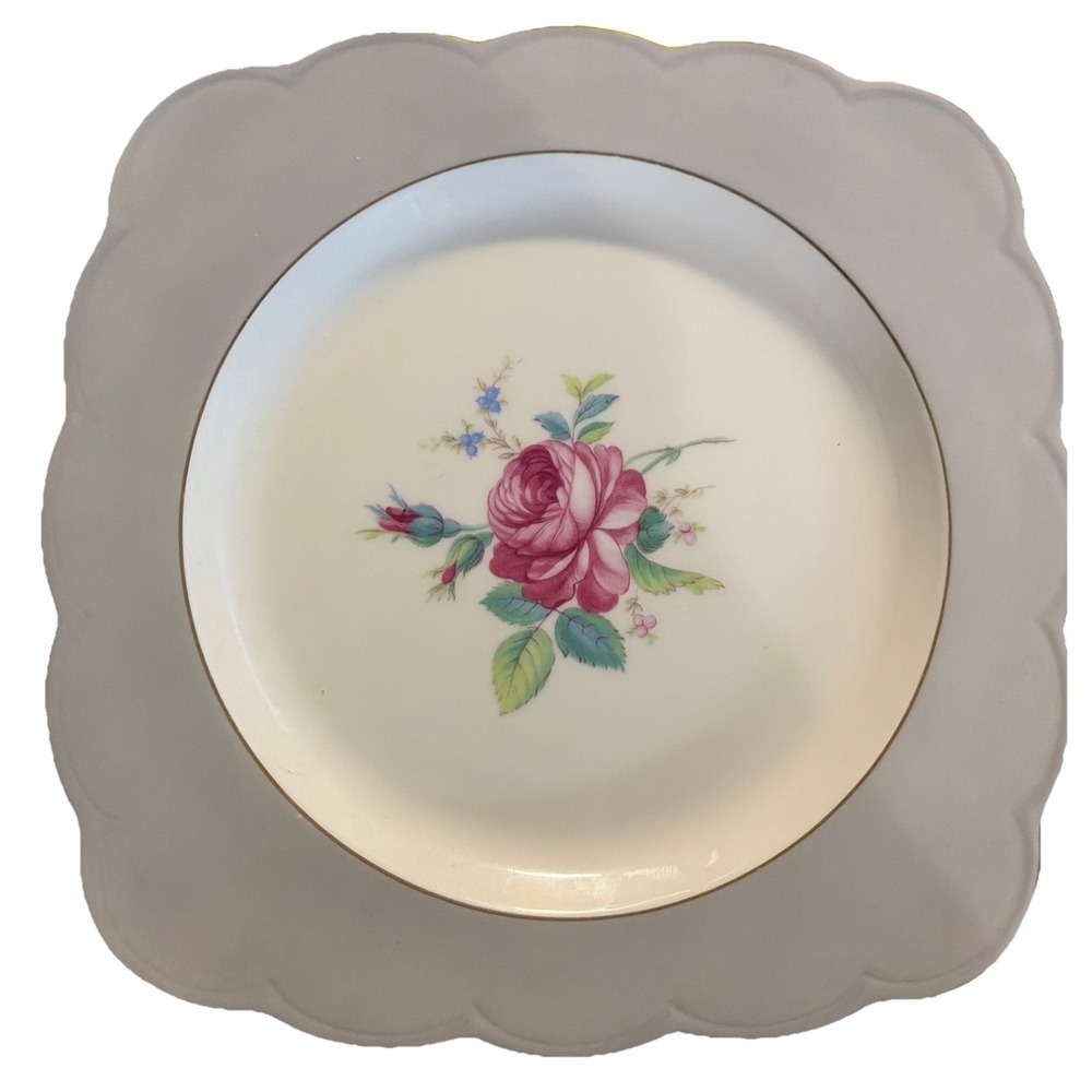 8.5"‎ Grey Royal Bayreuth Plate Center Pink Rose Gold Trim Germany US Zone